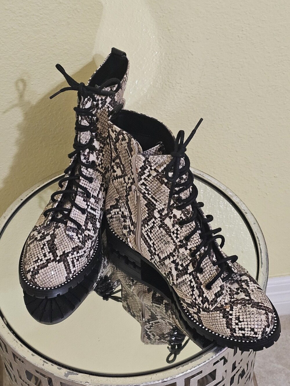 Express Snake-Print Lace-Up Combat Boots in Black and Beige